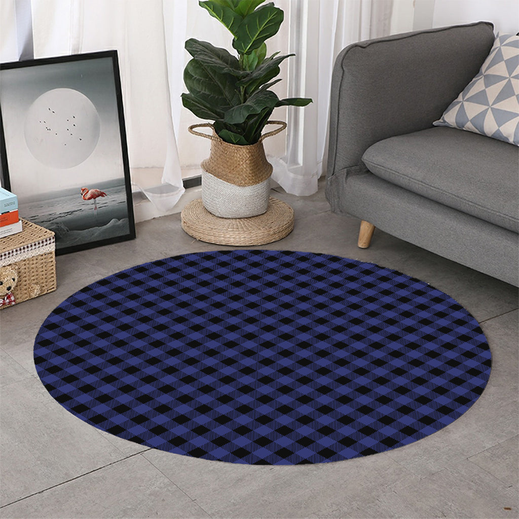 Navy And Black Buffalo Plaid Print Round Rug