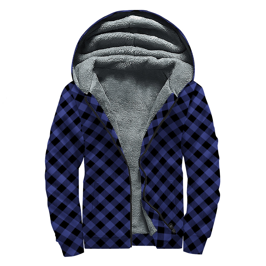 Navy And Black Buffalo Plaid Print Sherpa Lined Zip Up Hoodie