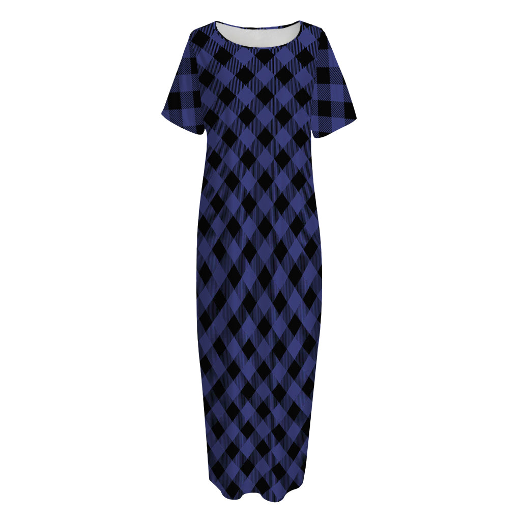 Navy And Black Buffalo Plaid Print Short Sleeve Long Nightdress