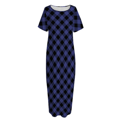 Navy And Black Buffalo Plaid Print Short Sleeve Long Nightdress