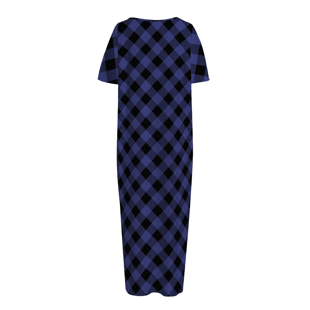 Navy And Black Buffalo Plaid Print Short Sleeve Long Nightdress