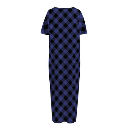 Navy And Black Buffalo Plaid Print Short Sleeve Long Nightdress