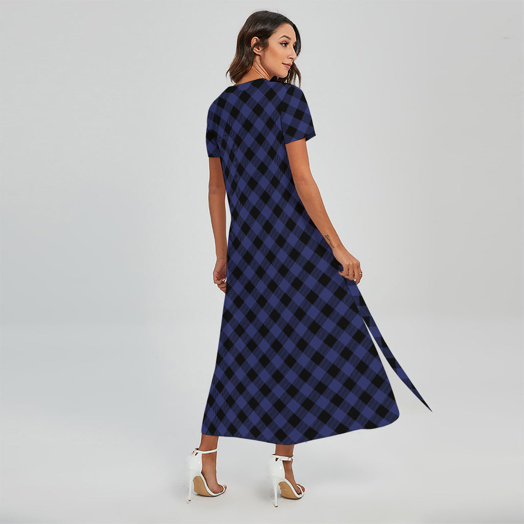 Navy And Black Buffalo Plaid Print Short Sleeve Maxi Dress