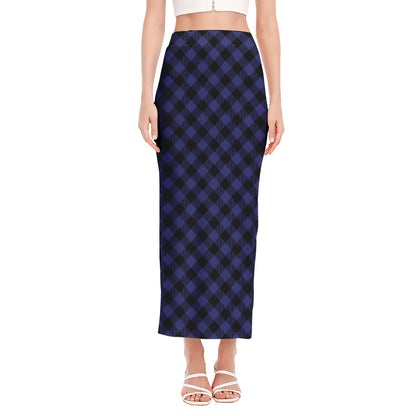 Navy And Black Buffalo Plaid Print Side Slit Maxi Skirt