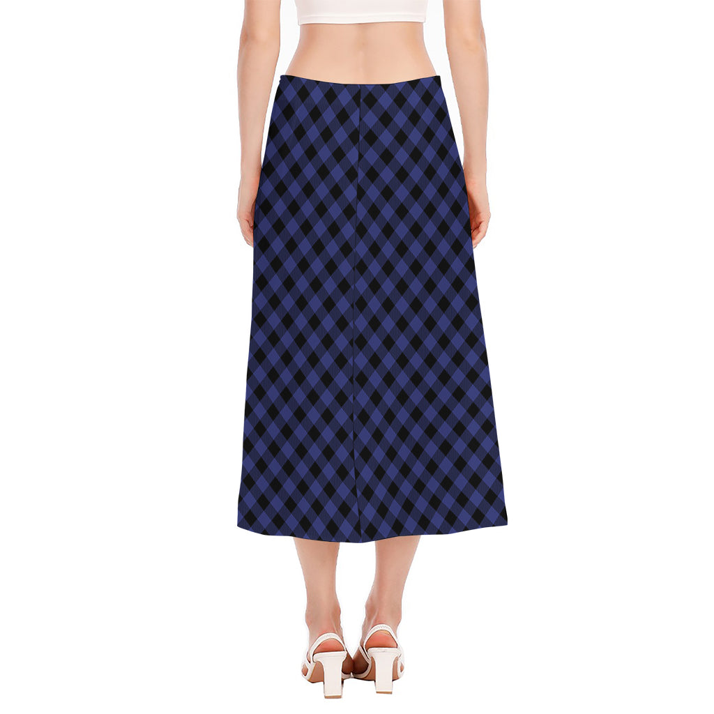 Navy And Black Buffalo Plaid Print Side Slit Midi Skirt