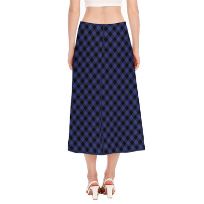 Navy And Black Buffalo Plaid Print Side Slit Midi Skirt