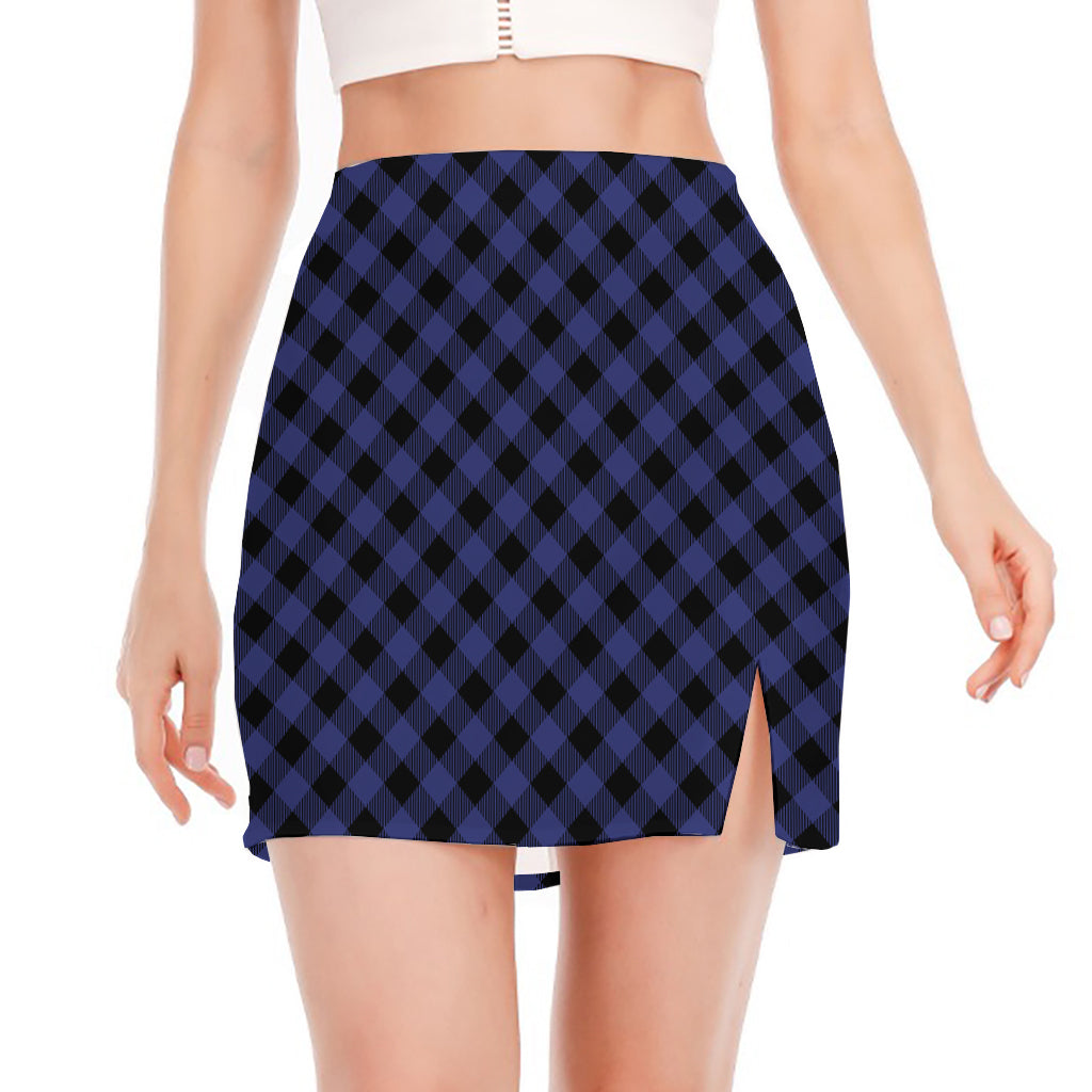 Navy And Black Buffalo Plaid Print Side Slit Mini Skirt