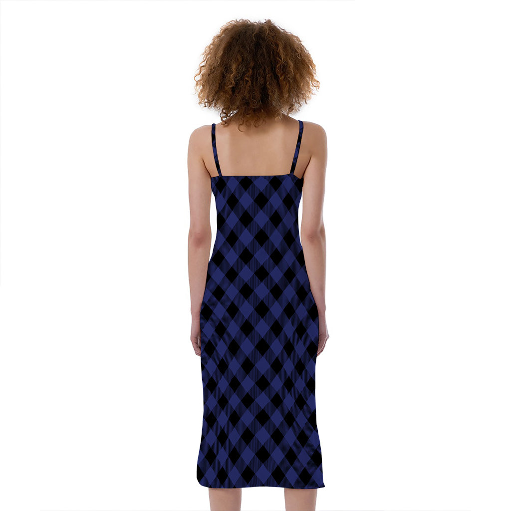 Navy And Black Buffalo Plaid Print Slim Fit Midi Cami Dress
