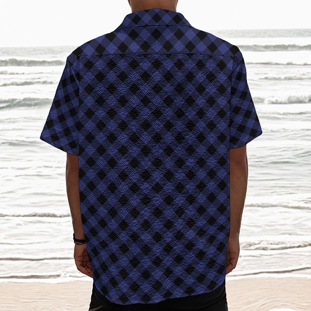 Navy And Black Buffalo Plaid Print Textured Short Sleeve Shirt
