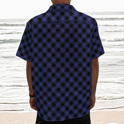 Navy And Black Buffalo Plaid Print Textured Short Sleeve Shirt