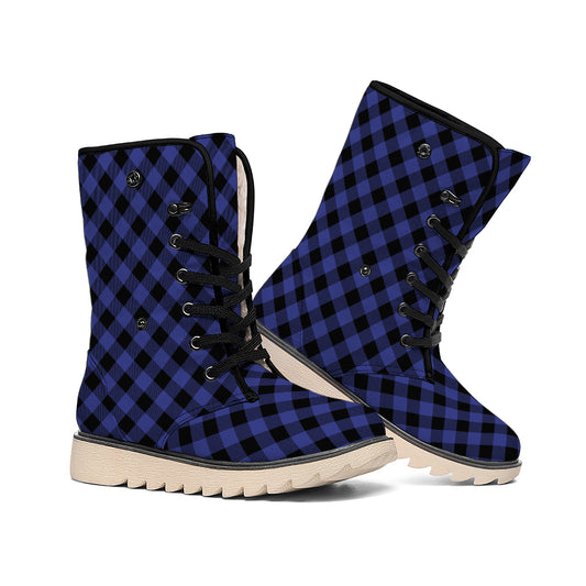 Navy And Black Buffalo Plaid Print Winter Boots