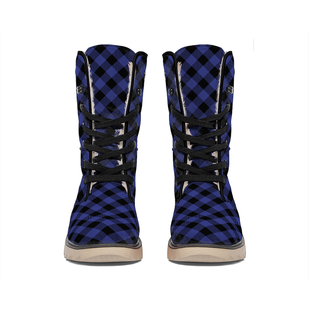 Navy And Black Buffalo Plaid Print Winter Boots
