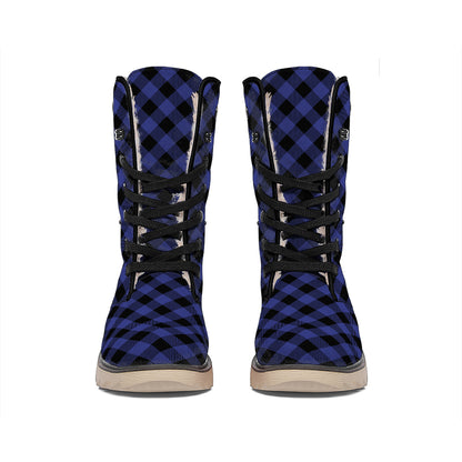 Navy And Black Buffalo Plaid Print Winter Boots