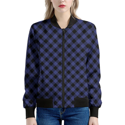 Navy And Black Buffalo Plaid Print Women's Bomber Jacket