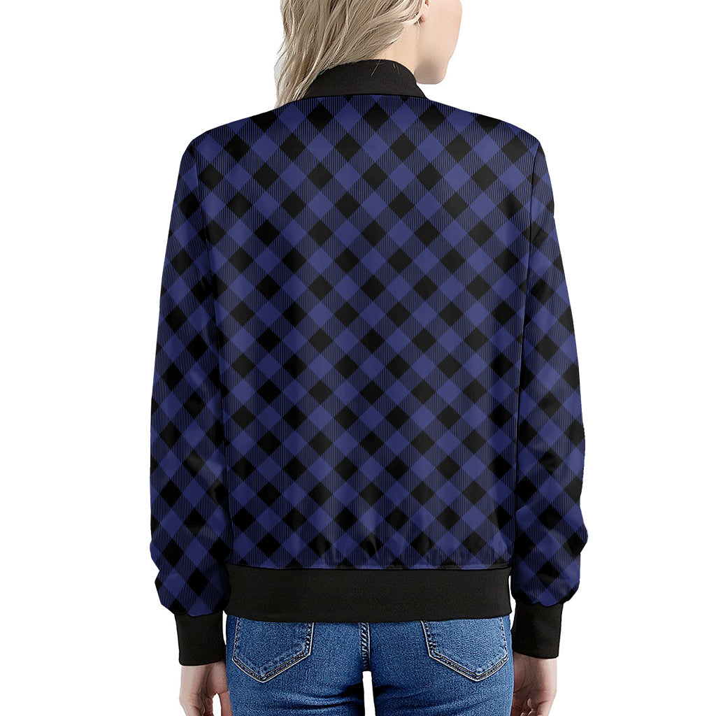 Navy And Black Buffalo Plaid Print Women's Bomber Jacket