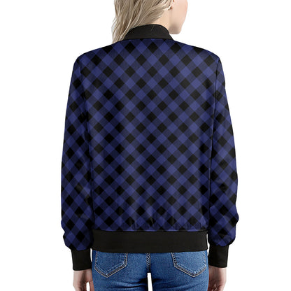Navy And Black Buffalo Plaid Print Women's Bomber Jacket