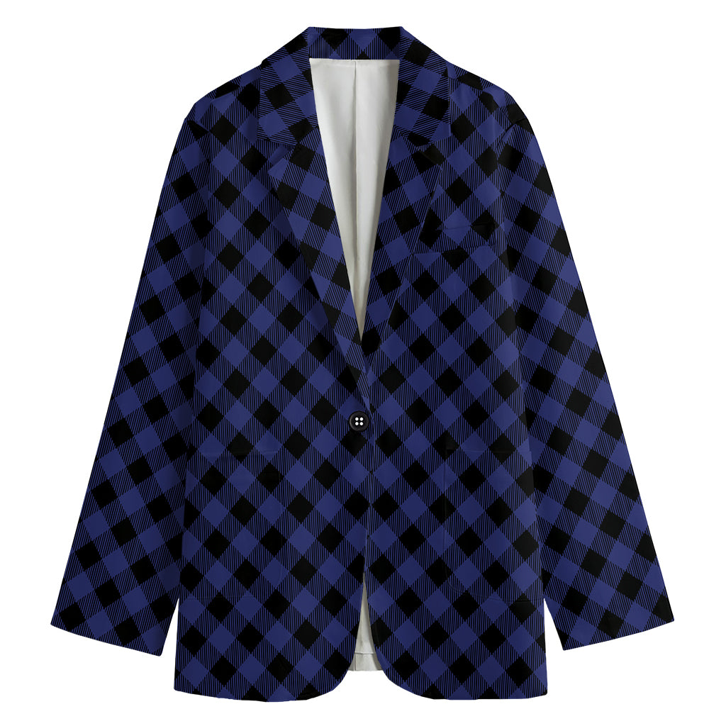 Navy And Black Buffalo Plaid Print Women's Cotton Blazer
