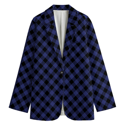 Navy And Black Buffalo Plaid Print Women's Cotton Blazer