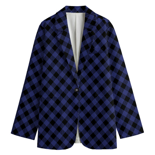 Navy And Black Buffalo Plaid Print Women's Cotton Blazer