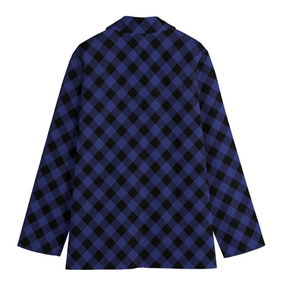 Navy And Black Buffalo Plaid Print Women's Cotton Blazer