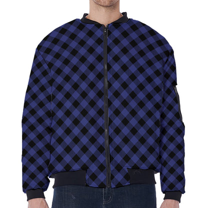 Navy And Black Buffalo Plaid Print Zip Sleeve Bomber Jacket