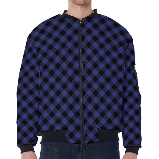 Navy And Black Buffalo Plaid Print Zip Sleeve Bomber Jacket