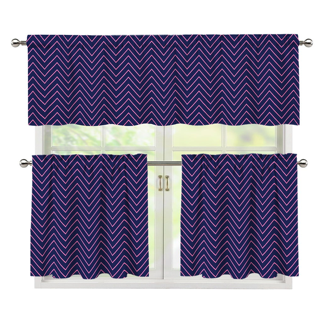Navy And Pink Zigzag Pattern Print 3 Piece Kitchen Curtains