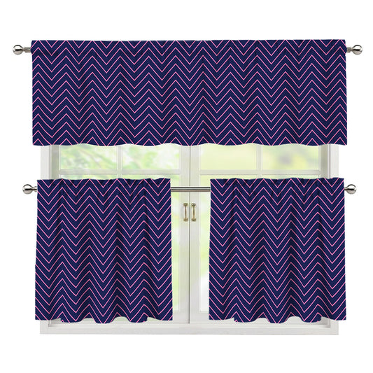 Navy And Pink Zigzag Pattern Print 3 Piece Kitchen Curtains