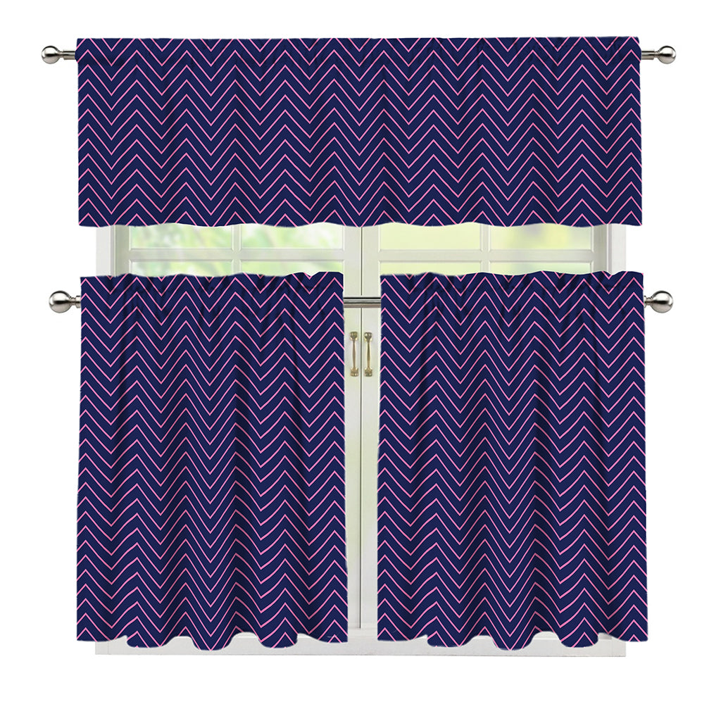 Navy And Pink Zigzag Pattern Print 3 Piece Kitchen Curtains