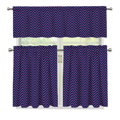Navy And Pink Zigzag Pattern Print 3 Piece Kitchen Curtains
