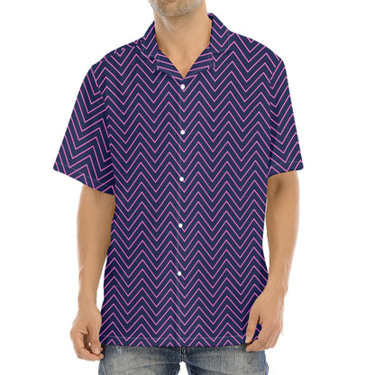 Navy And Pink Zigzag Pattern Print Aloha Shirt