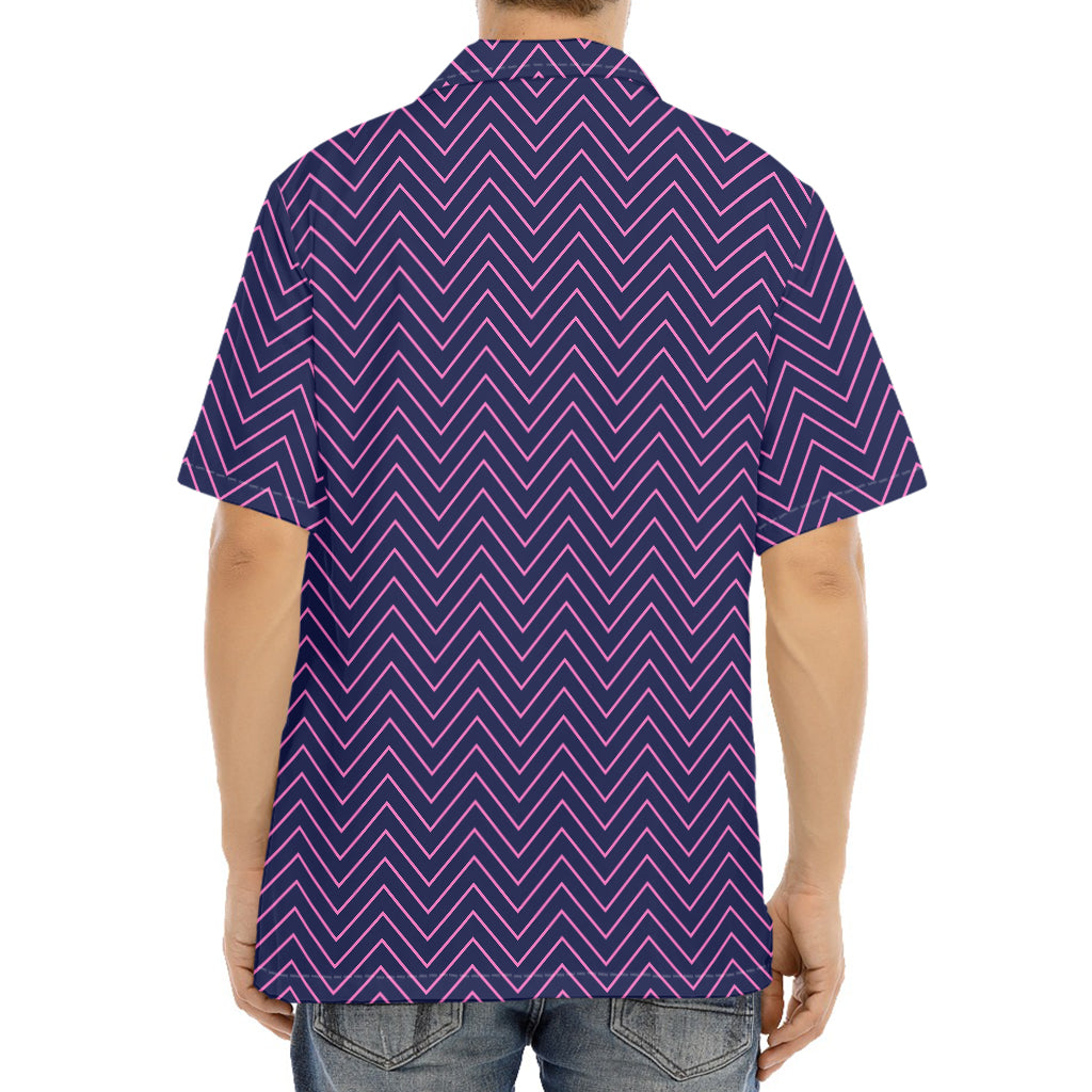 Navy And Pink Zigzag Pattern Print Aloha Shirt