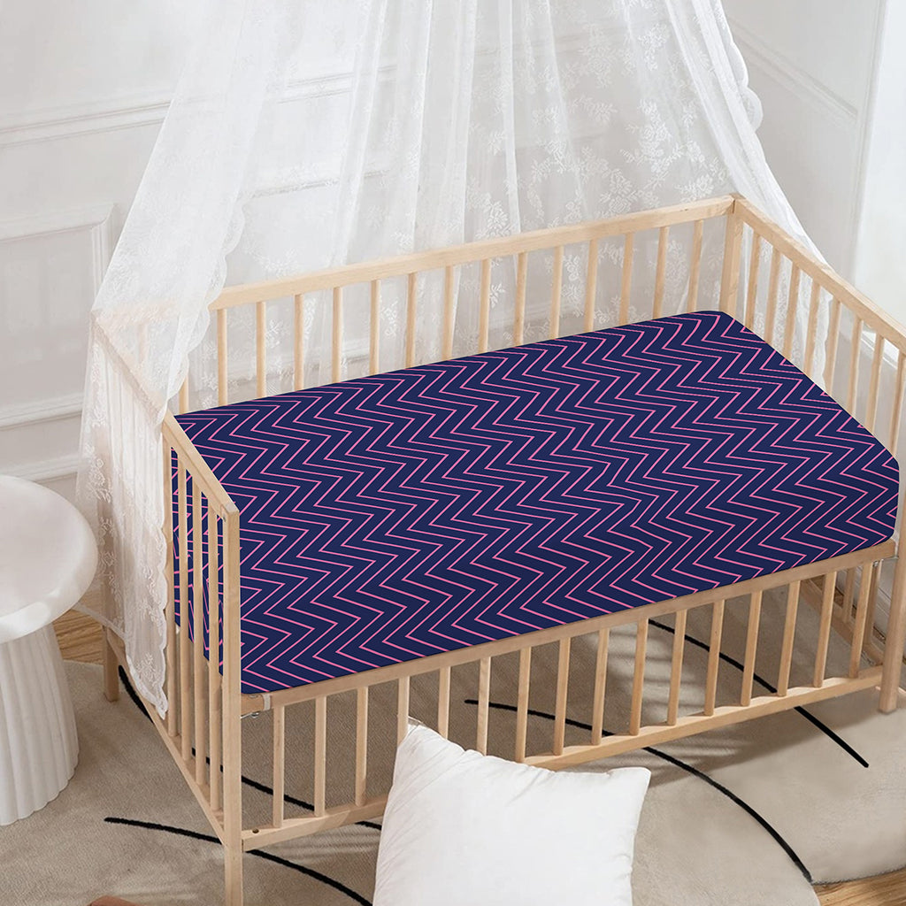 Navy And Pink Zigzag Pattern Print Baby Crib Sheet