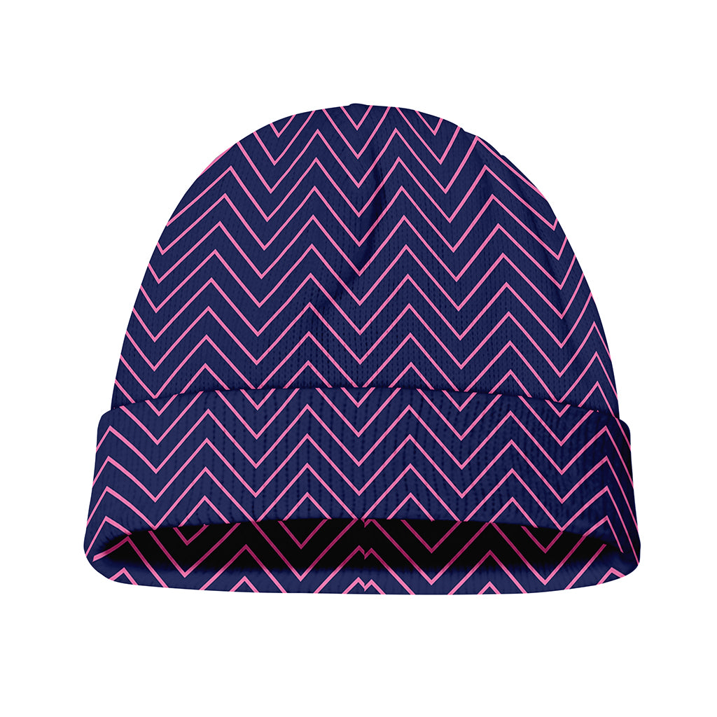 Navy And Pink Zigzag Pattern Print Beanie