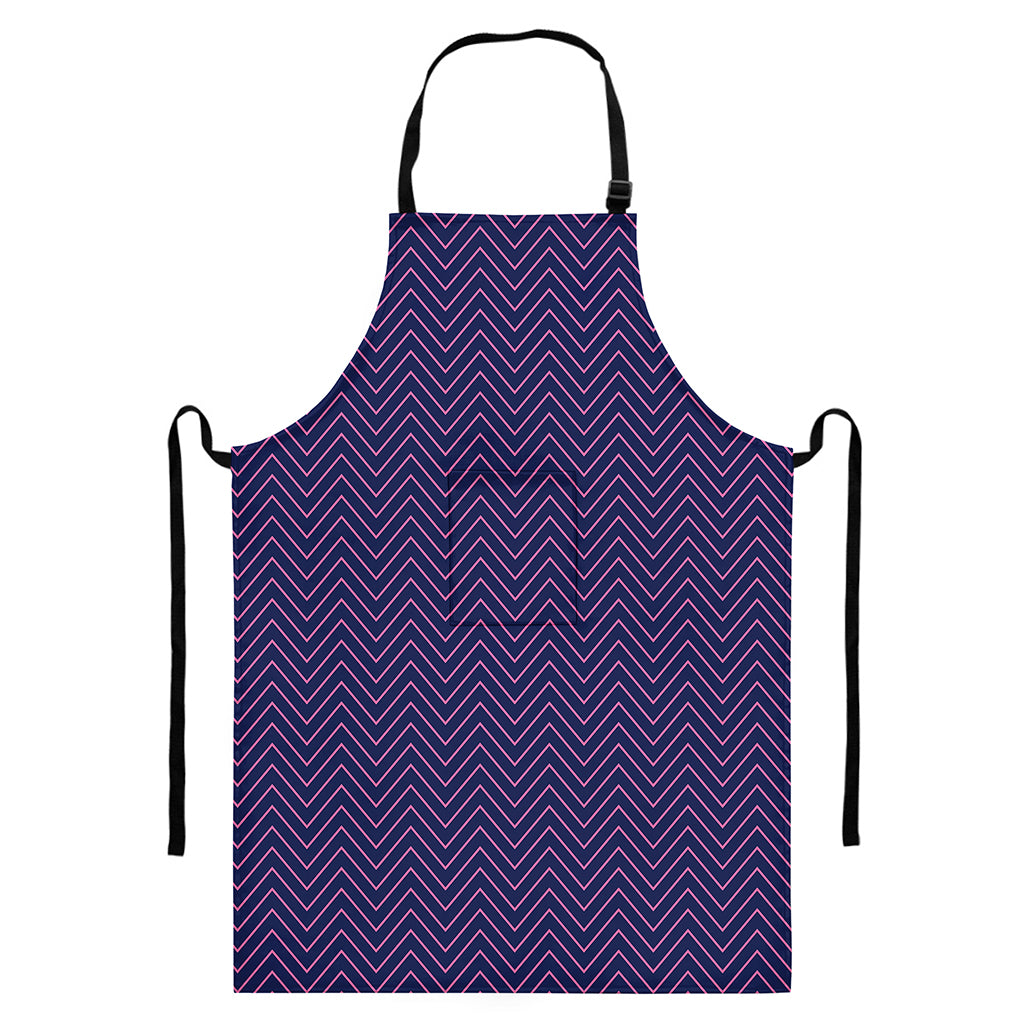 Navy And Pink Zigzag Pattern Print Bib Apron With Pocket