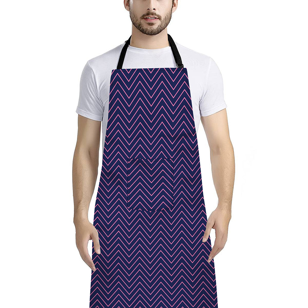 Navy And Pink Zigzag Pattern Print Bib Apron With Pocket