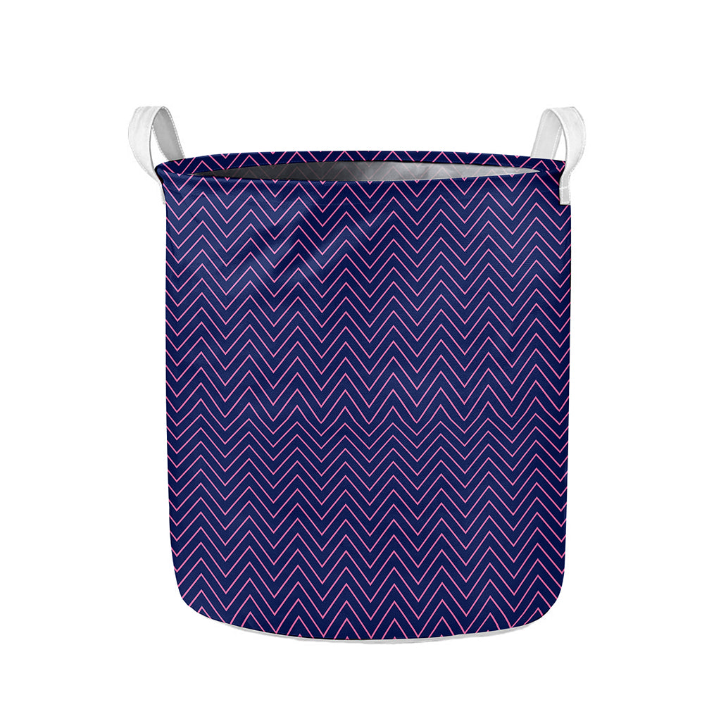 Navy And Pink Zigzag Pattern Print Collapsible Laundry Basket