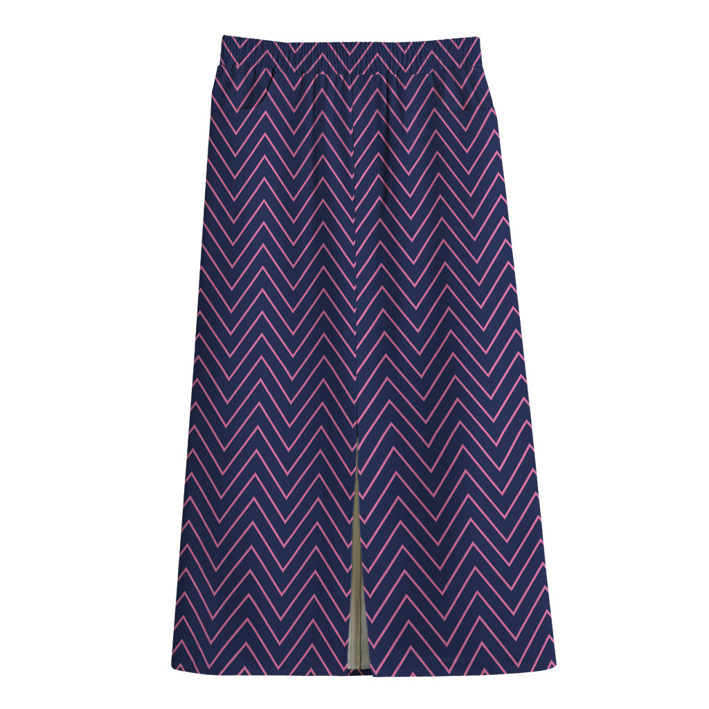Navy And Pink Zigzag Pattern Print Cotton Front Slit Maxi Skirt