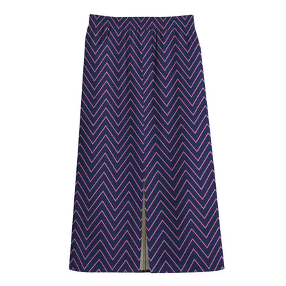 Navy And Pink Zigzag Pattern Print Cotton Front Slit Maxi Skirt