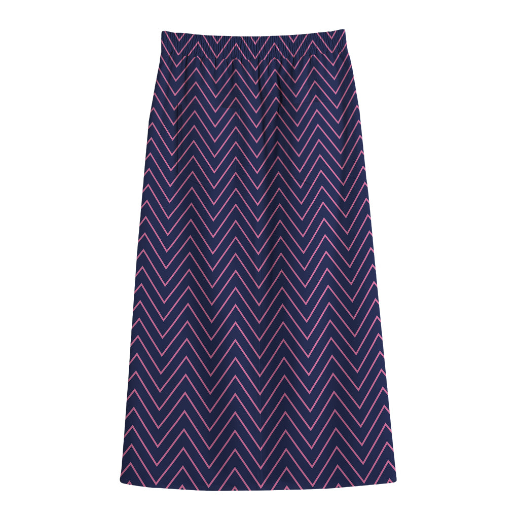Navy And Pink Zigzag Pattern Print Cotton Front Slit Maxi Skirt