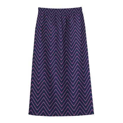 Navy And Pink Zigzag Pattern Print Cotton Front Slit Maxi Skirt
