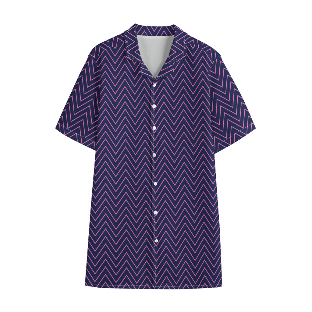 Navy And Pink Zigzag Pattern Print Cotton Hawaiian Shirt