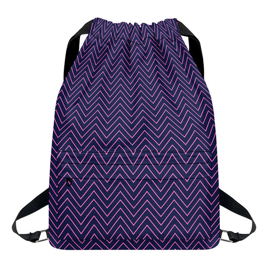 Navy And Pink Zigzag Pattern Print Drawstring Backpack