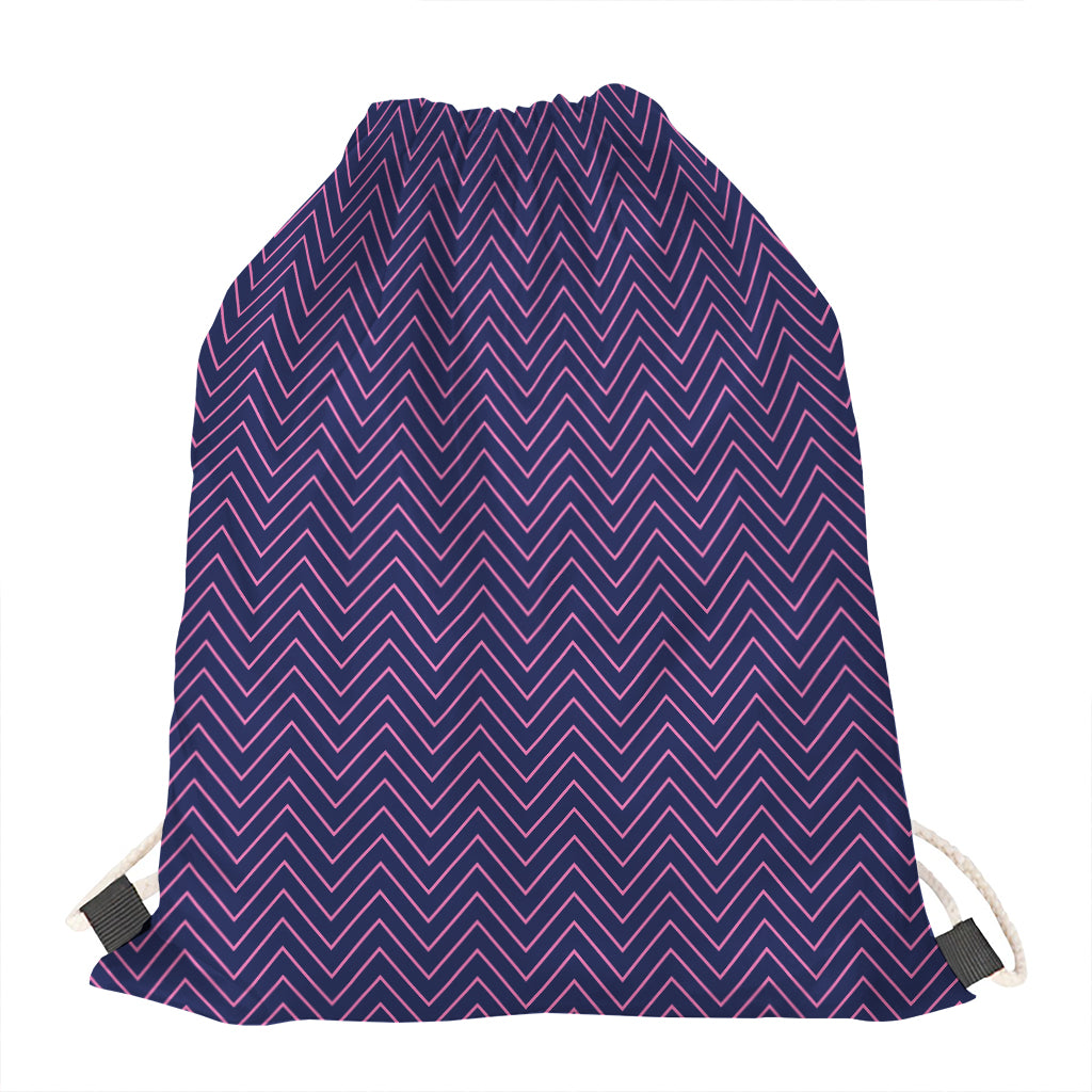 Navy And Pink Zigzag Pattern Print Drawstring Bag