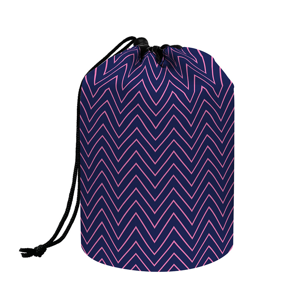 Navy And Pink Zigzag Pattern Print Drawstring Makeup Bag