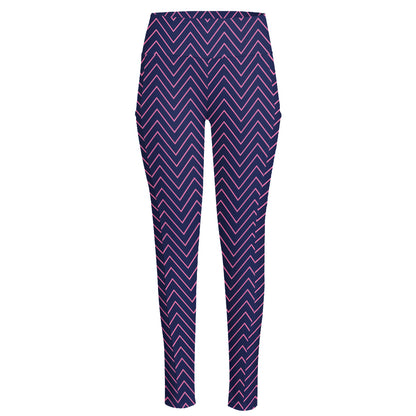 Navy And Pink Zigzag Pattern Print High-Waisted Pocket Leggings