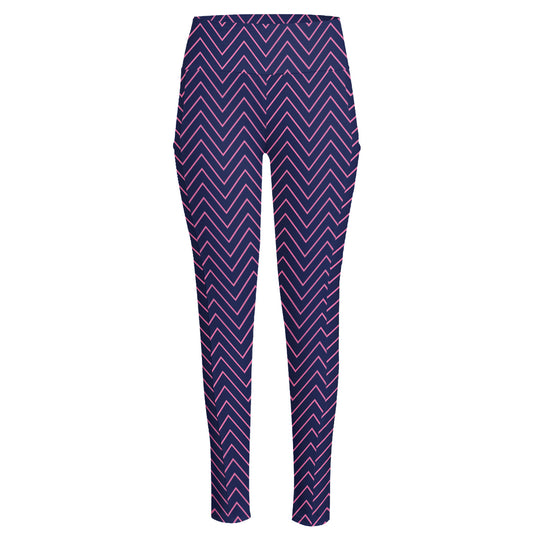 Navy And Pink Zigzag Pattern Print High-Waisted Pocket Leggings