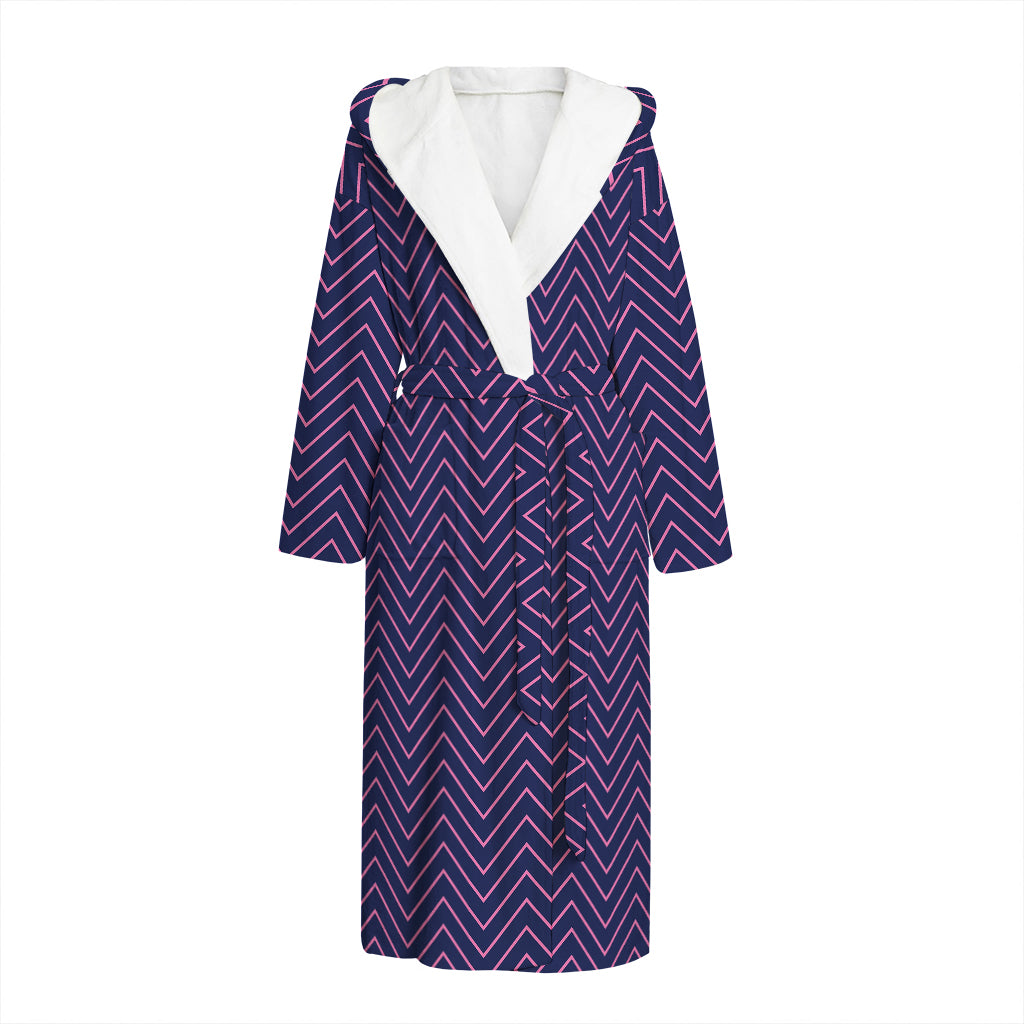 Navy And Pink Zigzag Pattern Print Hooded Bathrobe