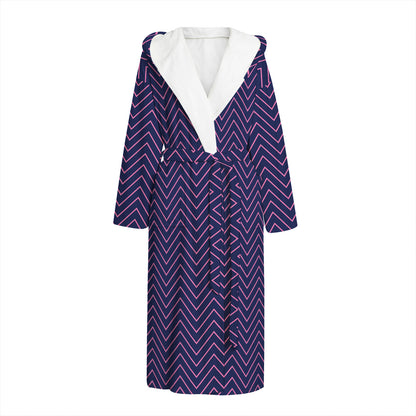 Navy And Pink Zigzag Pattern Print Hooded Bathrobe