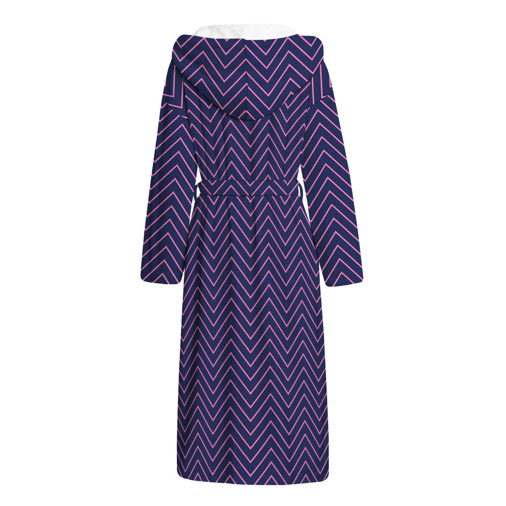 Navy And Pink Zigzag Pattern Print Hooded Bathrobe